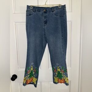DG2 by Diane Gilman Medium Blue Cropped Jeans with Multicolor Floral Embroidery